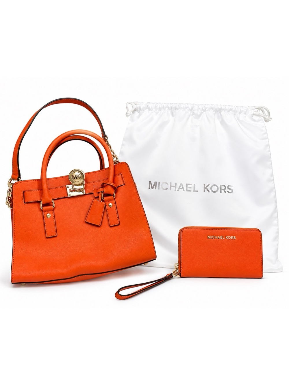 NWOT Michael Kors Orange Hamilton Medium Satchel Poppy Bundle Wristlet Dust Bag